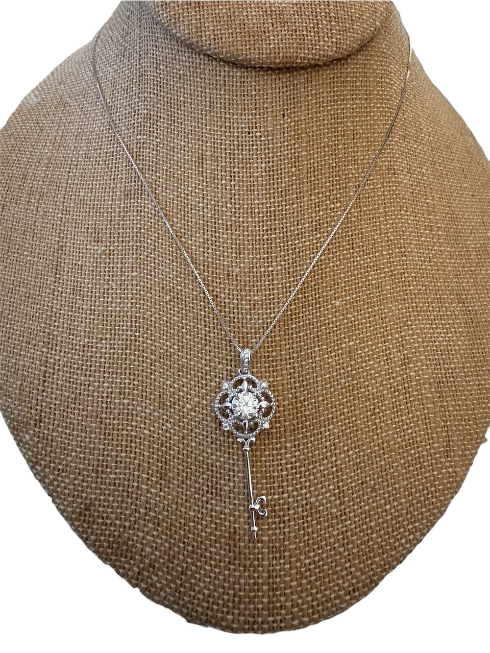 Solid Sterling Silver One Carat Moissanite Large Key Necklace